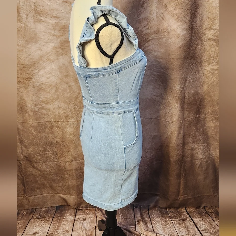 Ruffle Strap Denim Mini Dress – Light Wash – Size S